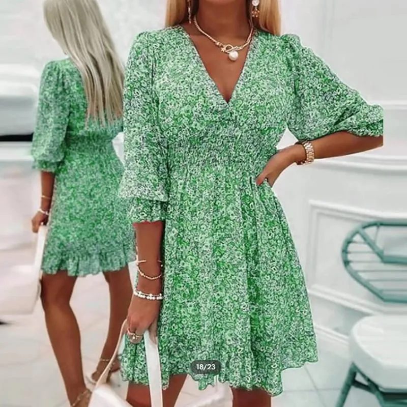 Spring Mini Dresses For Women Summer New Casual Loose Long Sleeve V-Neck Beach Sundress Ladies Short Party Dress — image 9