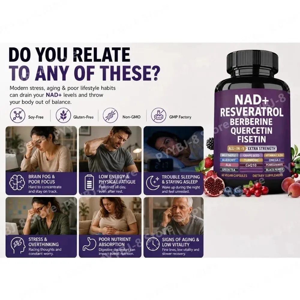 NAD+ Resveratrol Supplement with Berberine Quercetin Fisetin CoQ10 Vitamin C D3 60 Vegan Capsules for Daily Nutrition Support — image 3