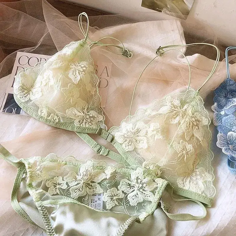 French Lace Bralette Small Bust Women Wireless Ultra Thin Sexy Embroidery Mesh No Underwire Push Up Comfort Bra Set BANERDANNI — image 10