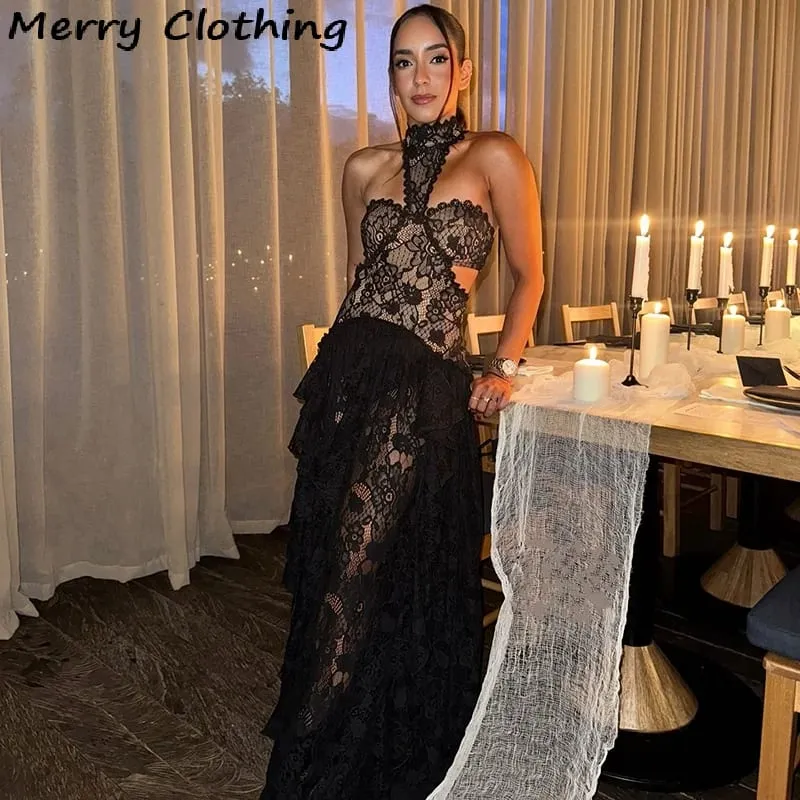 Sexy Lace Patchwork Dress Women Hollow Out Sleeveless Party Club Long Skirt See Through Halter Evening Gown Vacation Lady Robes — image 5