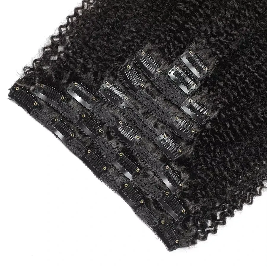 Afro Kinky Curly Clip in Hair Extensions Human Hair 12A Brazilian Hair Water Wave Clip Ins 120g Natural Black 8Pcs/Set Full Head — image 5