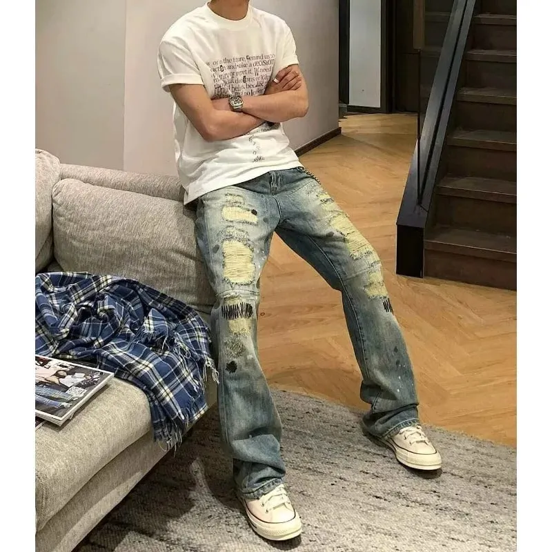 Men's Jeans High Street Vintage Distressed Ripped Faded Man Pants Blue Straight Denim Trousers Embroidery Design Bootcut — image 2