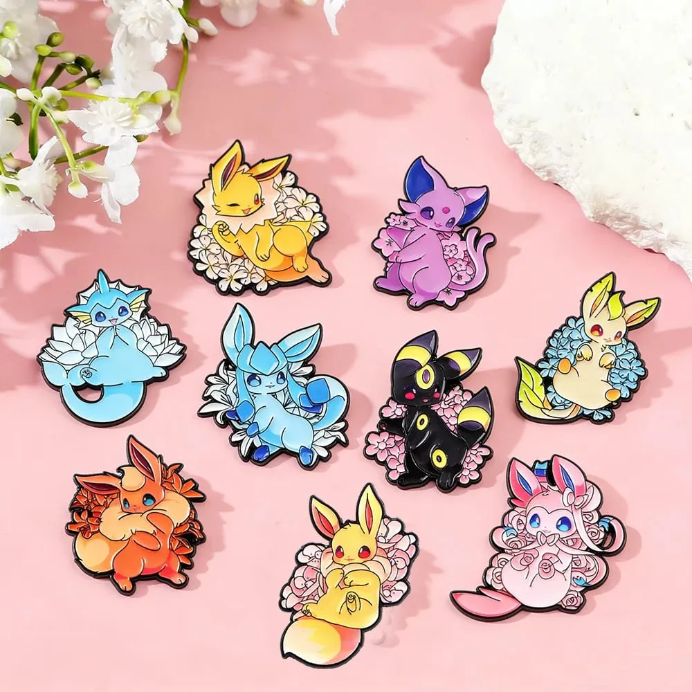 9Pcs Anime Pokemon Eevee Brooch Badge Eeveelutions Cute Cartoon Flareon Jolteon Espeon Leafeon Enamel Lapel Pins For Bag Gifts — image 1