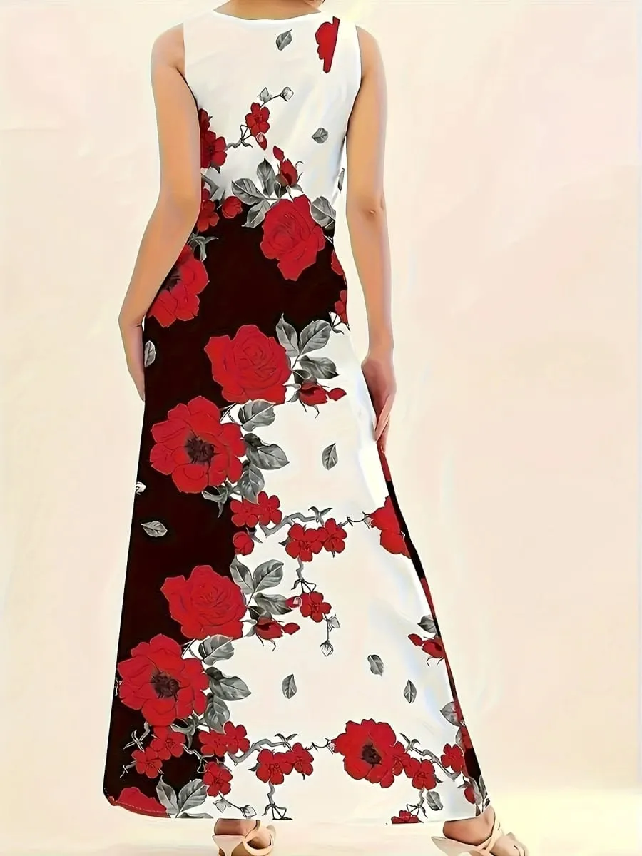 Vestido longo temperamento sem mangas estampado europeu e americano de tamanho grande para mulheres vestido longo retrô — image 2