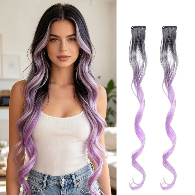 Gradient Wave Clip - in Hair Extensions 2pcs Synthetic Fiber Color - Blocked Tassel Ear - Side Dyeing for Daily Party Cosplay