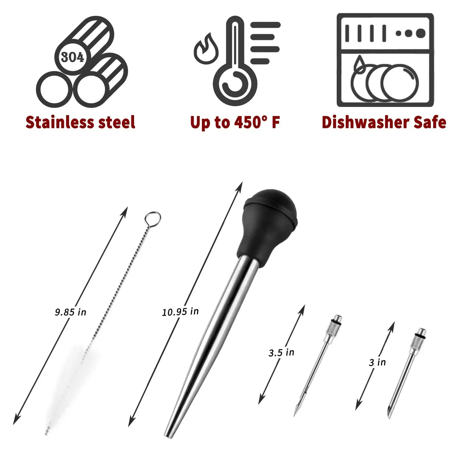 Stainless Steel Turkey Baster for Cooking - Food Grade Meat Injector Syringe & Silicone Suction Bulb With 2 Detachable Needles