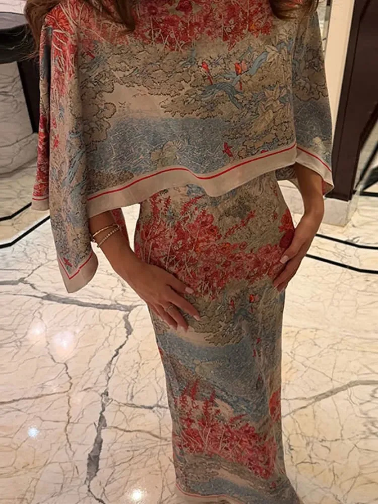 Women Tropical Leaf Print Cape Two Piece Set Batwing Loose Top High Waist Maxi Dress 2026 Summer Fashion Vacation Casual Suit — image 5