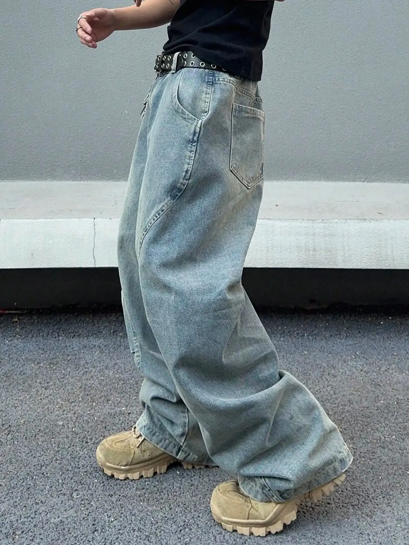 Vintage Men Washed Baggy Denim Jeans Stitched Panel Wide Leg Denim Pants Oversized Loose Hip Hop Streetwear Y2K Casual Trousers — image 4