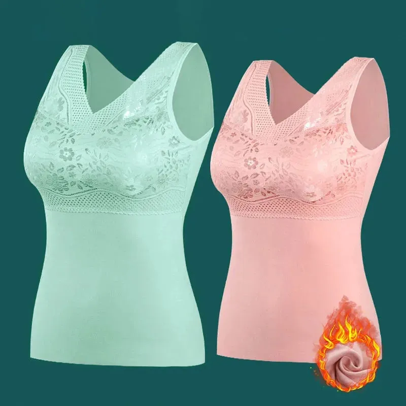 Women Winter Lace Padded Thermal Vests Soft Skin‑Friendly Undershirts Comfortable Sleeveless Inner Versatile Daily Tank Tops