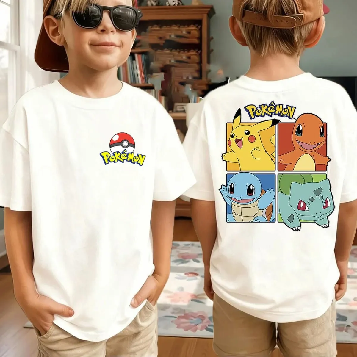 Summer Pokémon AnimeT-shirts Boys Pure Cotton Short-sleeved Top Casual Suitable for Both Boys and Girls Parent-child Outfits. — image 1