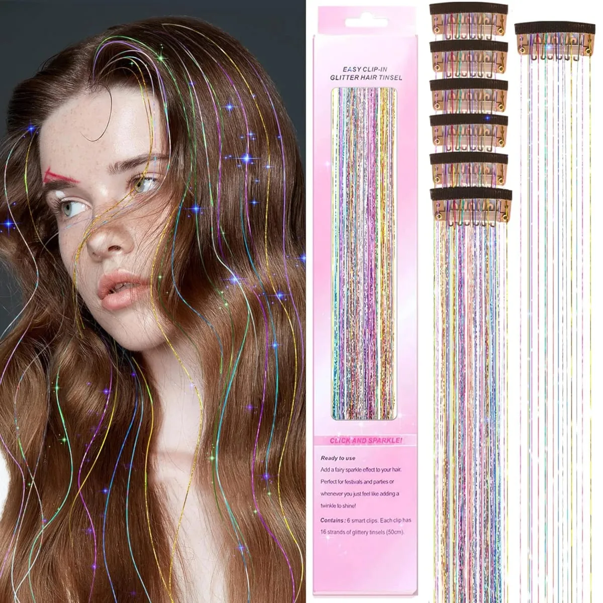 6Pcs Synthetic Hair Tinsel Clip in 19.6Inch Glitter Tinsel Hair Clip in Hair Tinsel Kit Heat Resistant Shiny Sparkle Fairy Hair — image 2