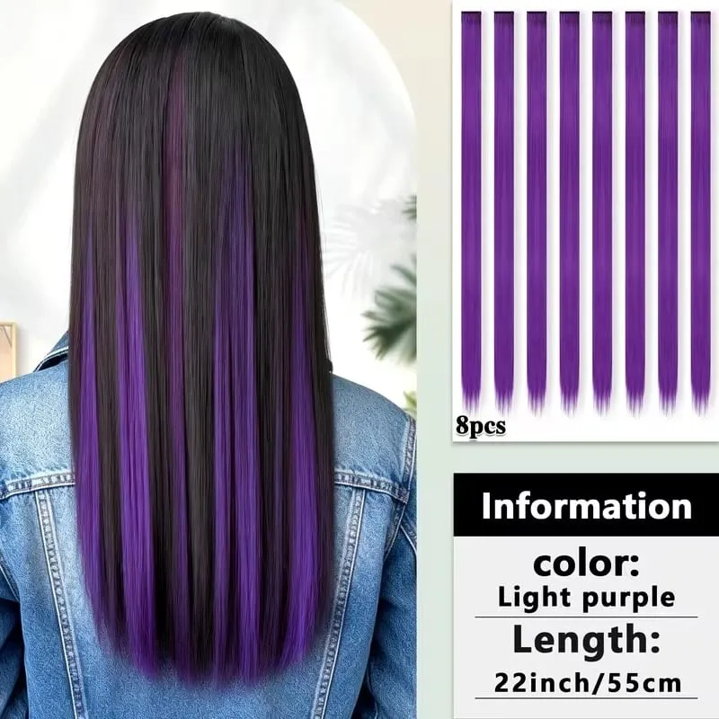 22Inch Synthetic 8pcs Long Straight Clip-In Hair Extension Highlights Multi-Color Rainbow Hairpiece for Women Daily Praty Use — image 15