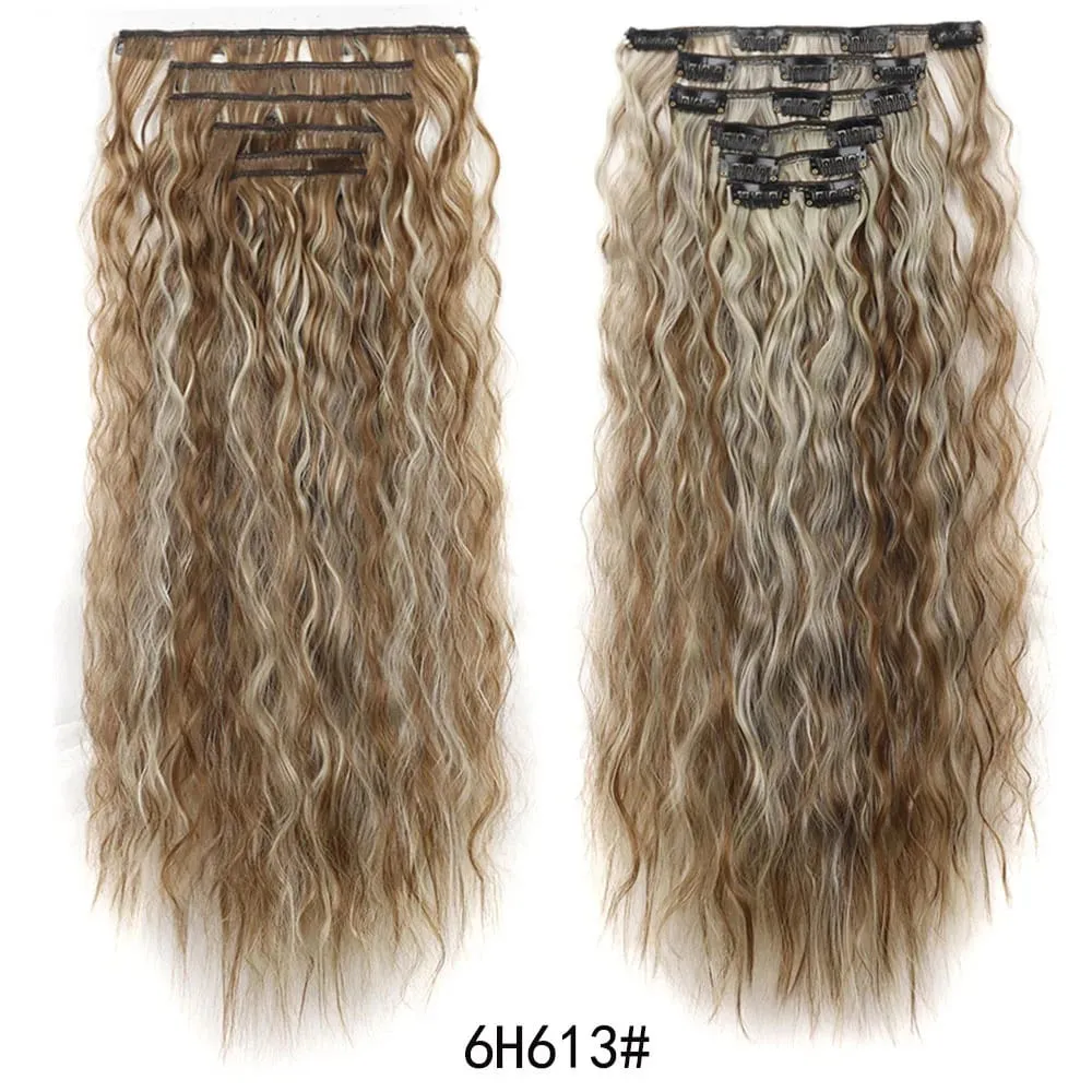 Clip in Synthetic Hair Extensions Brown Blonde Color Mermaid Waves Synthetic Hair Pieces for Women 6pcs Set