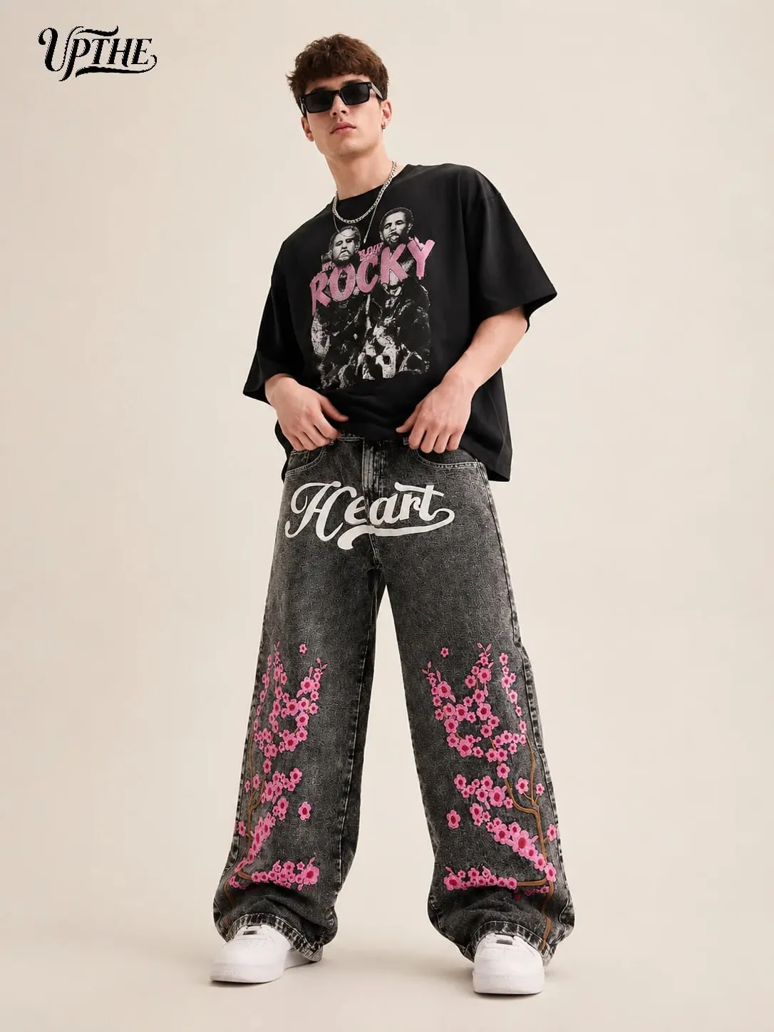 UP.THE Men Baggy Wide Leg Jeans Vintage Washed Black Gray Denim Pants Y2K Loose Cherry Blossom Embroidery Heart Letter Print Streetwear Jeans for Daily Hip Hop Casual Outfits — image 4