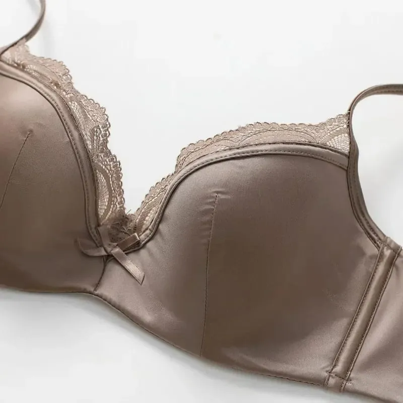 Women's Thin Smooth Satin Bra & Briefs Set Summer Solid Lace Decor Anti Sagging Lingerie Bra Sweet Underwear Suit Нижнее Белье — image 6
