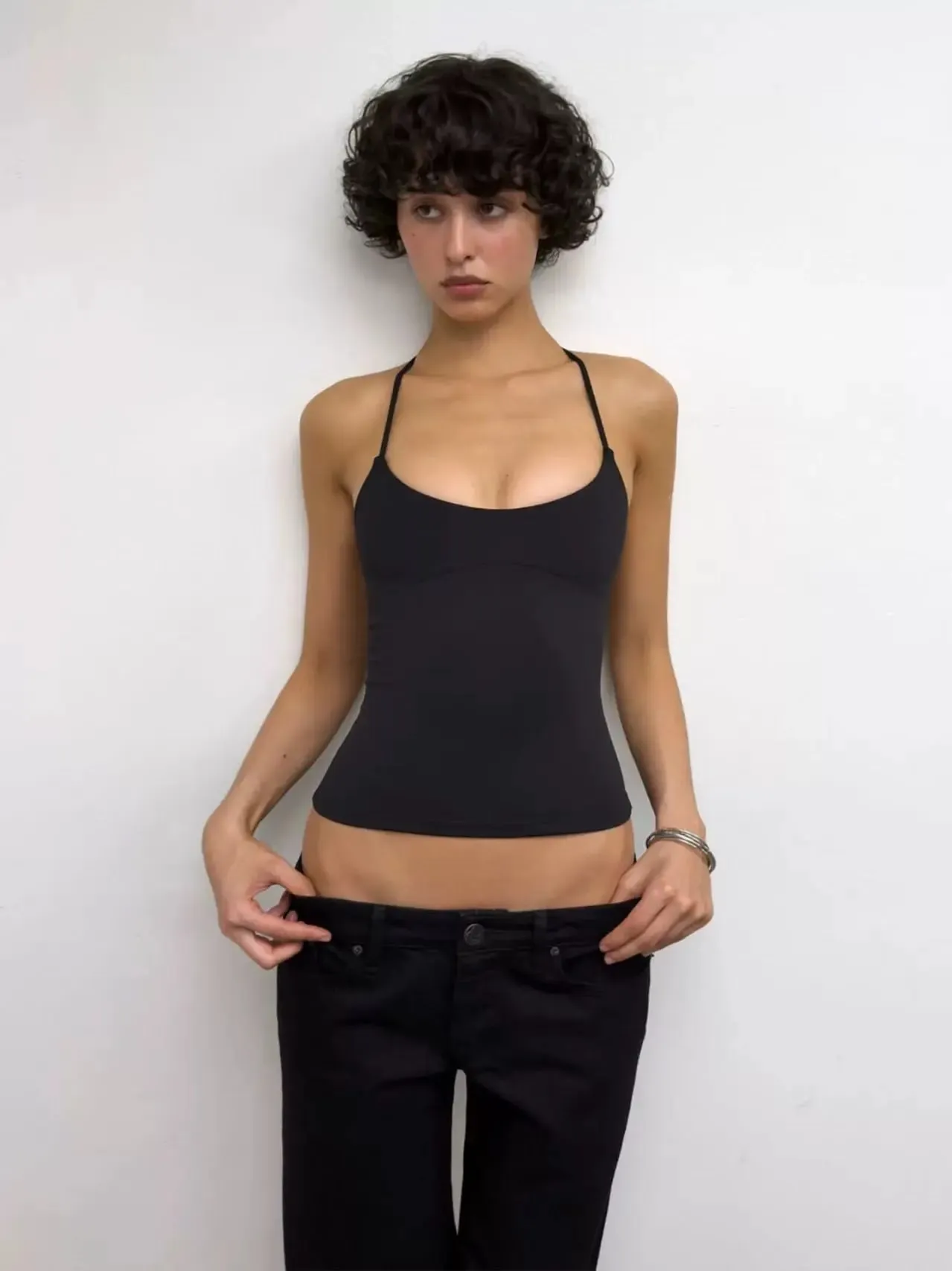 Tank Low-Cut Fitted Vest with Wrap-Around Shoulder Straps Embossed Beaded Stretch Knit Tank Top — image 4