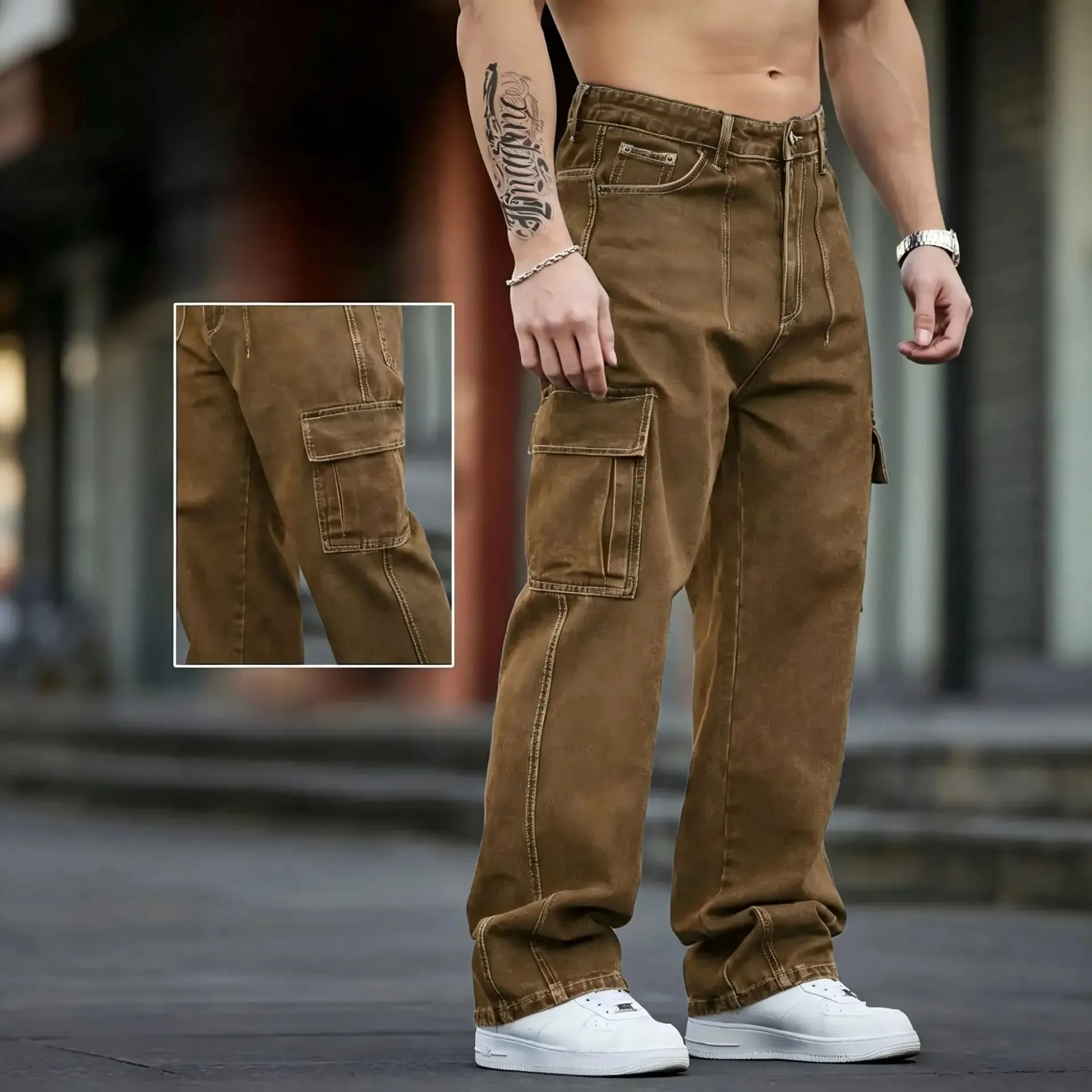 2026 New Arrival Men Cargo Jeans Multi‑Pocket Loose Wide Leg Straight Denim Pants HipHop Street Workwear Trousers — image 6