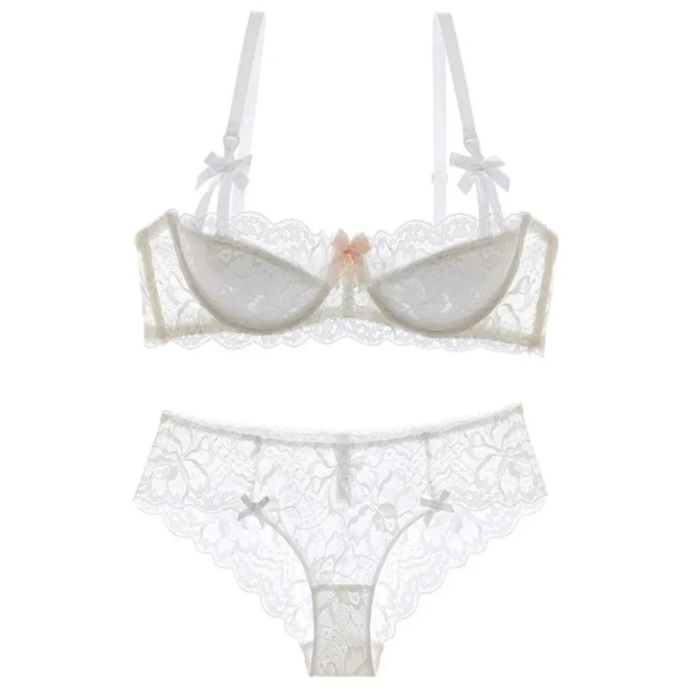 セクシー French Lace Half Cup Bra Set Bow Shoulder Strap Thin Large Bust Minimizer Pure Desire Lingerie For Teen Girls Daily Outfit — image 5
