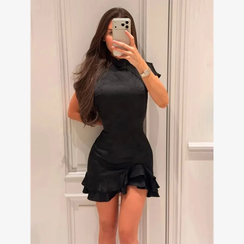 Polka Dot Slim Women Summer Mini Dress Solid Deep V-neck Puff Sleeves Pleated Front Button Short Dresses 2026 Lady Daily Wear — image 12