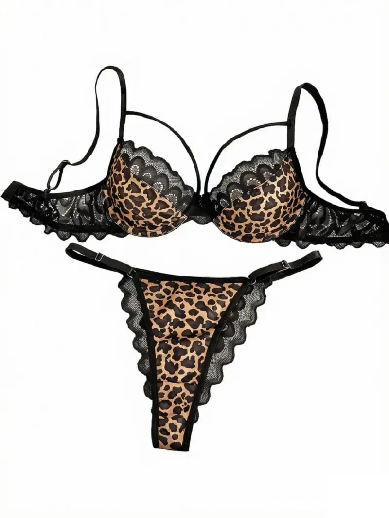 Wild Leopard Print Lingerie Set Strappy Cutout Scalloped Lace Underwire Bra 2 Pieces Boudoir Date Night Intimate Outfit — image 1