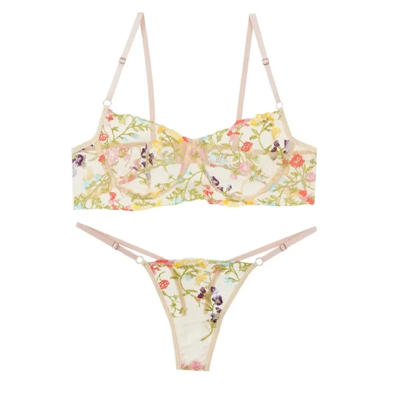 Women's New Sexy Embroidered Floral Lingerie Set Single-Layer Underwire Bra Thong Pants Hollow Transparent Out Lingerie Set