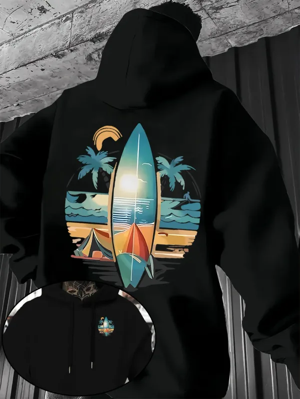 New Autumn/winter Men's Hooded Sweatshirt with Surfboard and Beach Print Loose Fit Stylish Street Style Comfortable Fit Hoodies