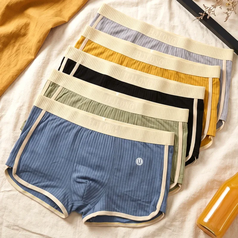 5PCS/Pack Fashion Dopamine 100% Cotton Solid Striped Men's Underpants Breathable Mesh Pouch Panties High Elastic Men Underwear — image 6