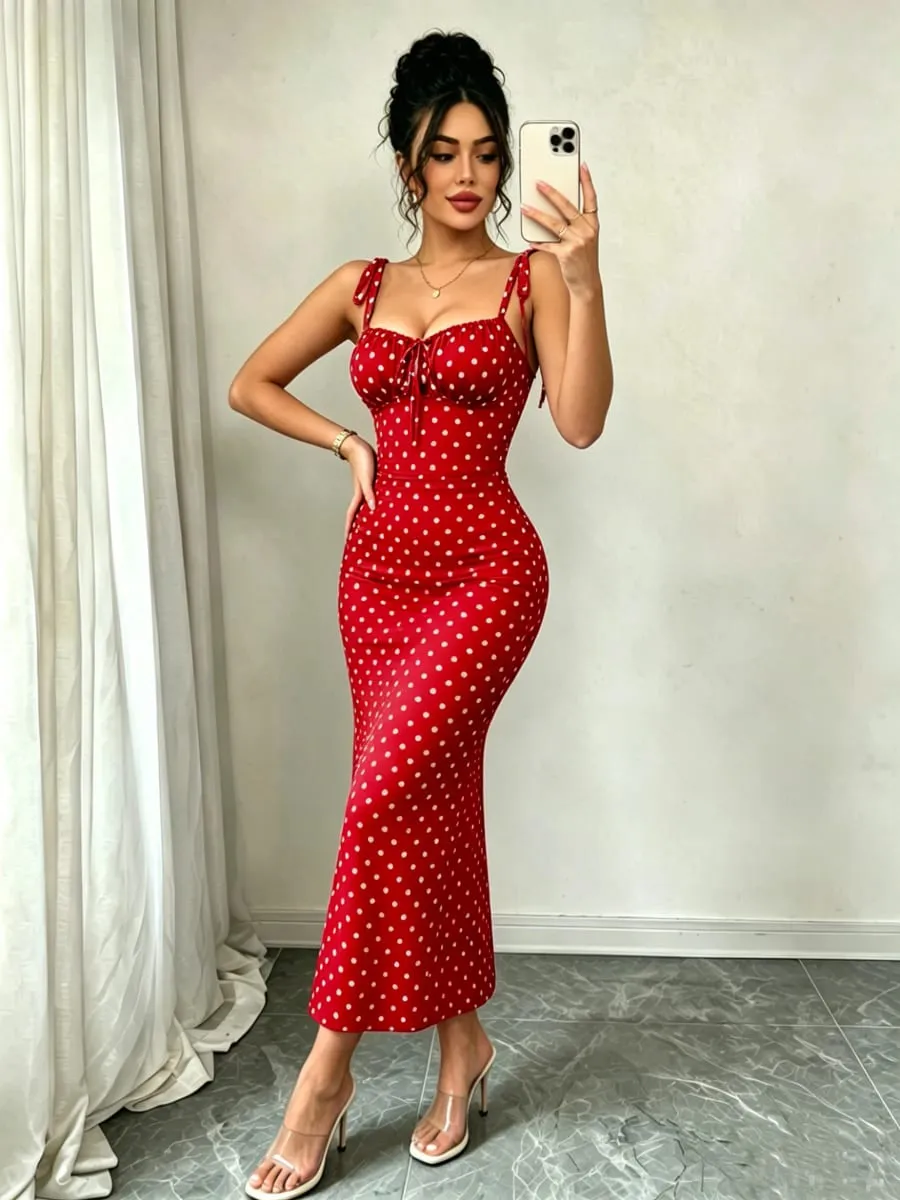High-Elasticity Red Polka Dot Fishtail Skirt with Shoulder Straps + Chest Ruching for a Strong Waist Cinch Slim Fit Hip-Hugging Vintage Mid-Length Skirt — image 4