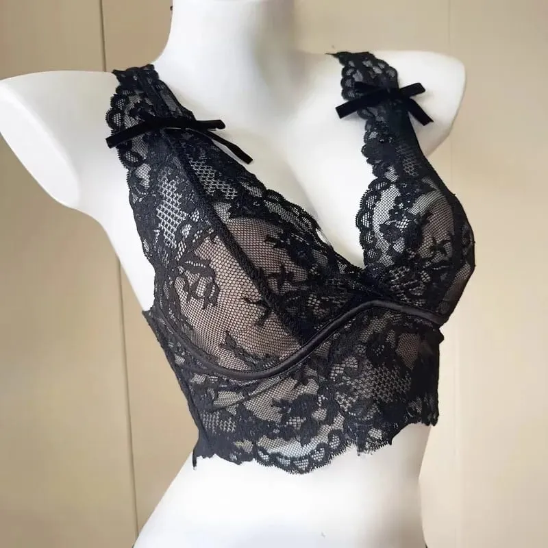 Women French Lace Bralette Push Up Gathering No Underwire Backless Bra Sets Sheer Lingerie Outerwear Camisole Summer Tops S- XL — image 3