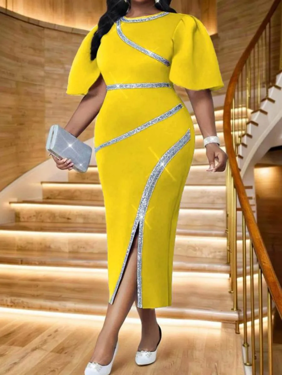 Women's Round Neck Flutter Sleeve Diagonal Decor Split Midi Bodycon Dress Big Size For Formal Dinner Wedding Guest Evening Party Fashion Occasions — image 3