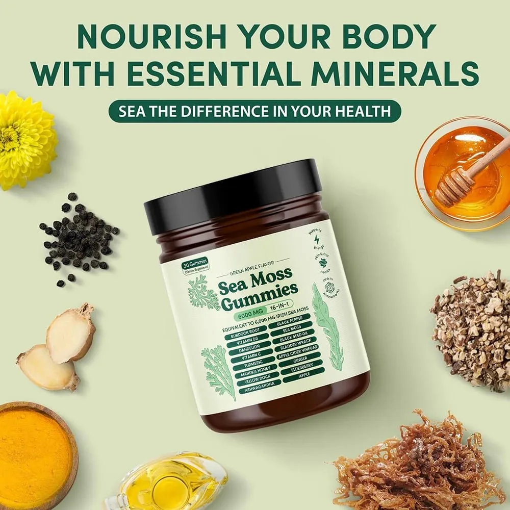 Sea Moss Gummies 16-in-1 Ashwagandha Black Seed Oil Bladder Wrack Turmeric Vitamin C D3 with Manuka Burdock Root Dandelion Apple — image 3
