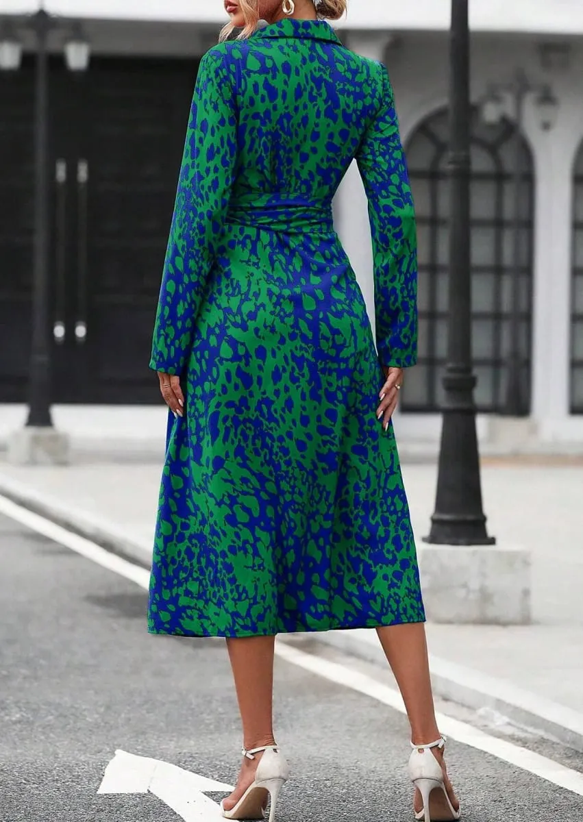 Elegant Random Print Button Down Shirt Dress Women's Long Sleeve Belted Waist Midi Dress Spring Fall Office Casual Dress — image 2