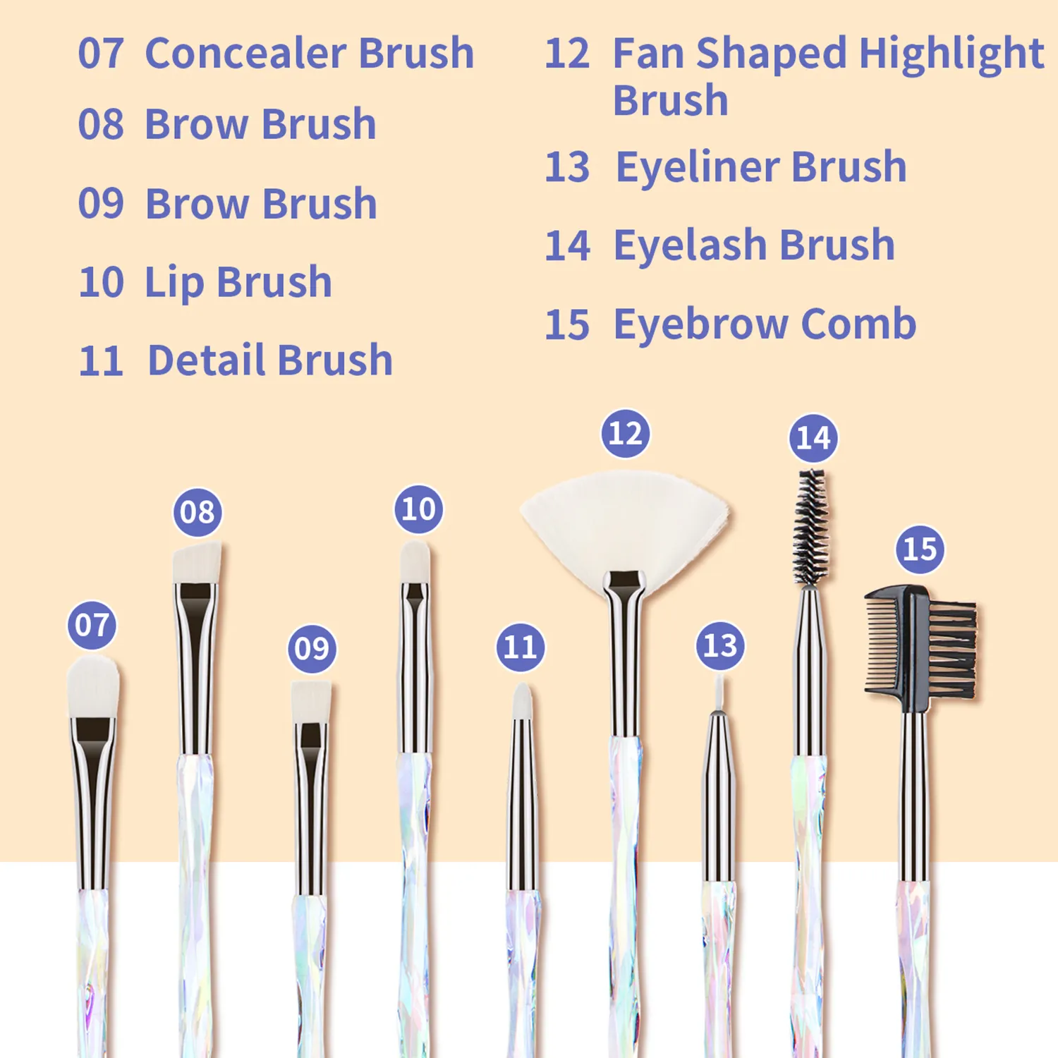 Professional 15Pcs Makeup Brushes Kit Dense Soft Bristle Crystal Handle Face Eye Cosmetic Brushes For Beginner Daily Makeup — image 6