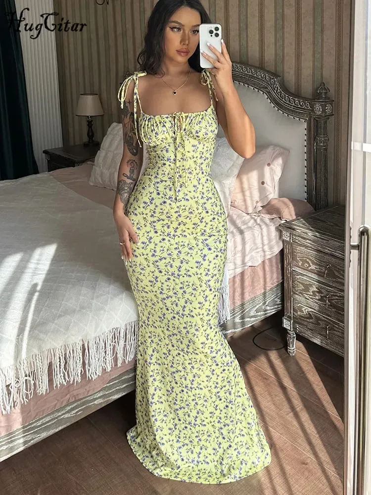 Hugcitar Floral Print Sleeveless Backless Slips Lace Up Maxi Dress Sexy Bodycon Summer Elegant Outfits Holiday Party Wholesale