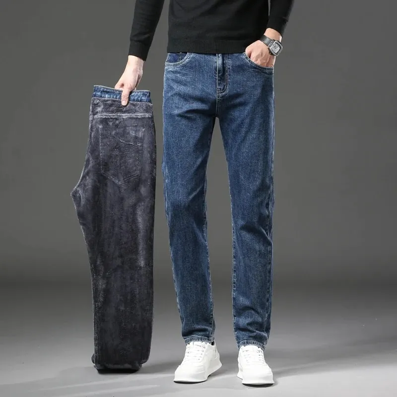 2027 New In Slim Straight Elastic Denim Winter Fleece Thick Warm Jeans Men's Pants Casual Male Clothing Fashion Plush Trousers — image 3