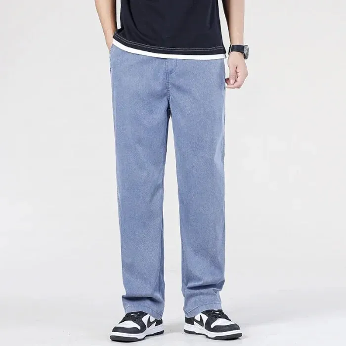 Seluar Jeans Baggy Baggy Musim Panas Klasik Lelaki Fabrik Lyocell Nipis Kualiti Tinggi Seluar Kasual Lurus Seluar Denim Lembut Kopi Biru Kelabu