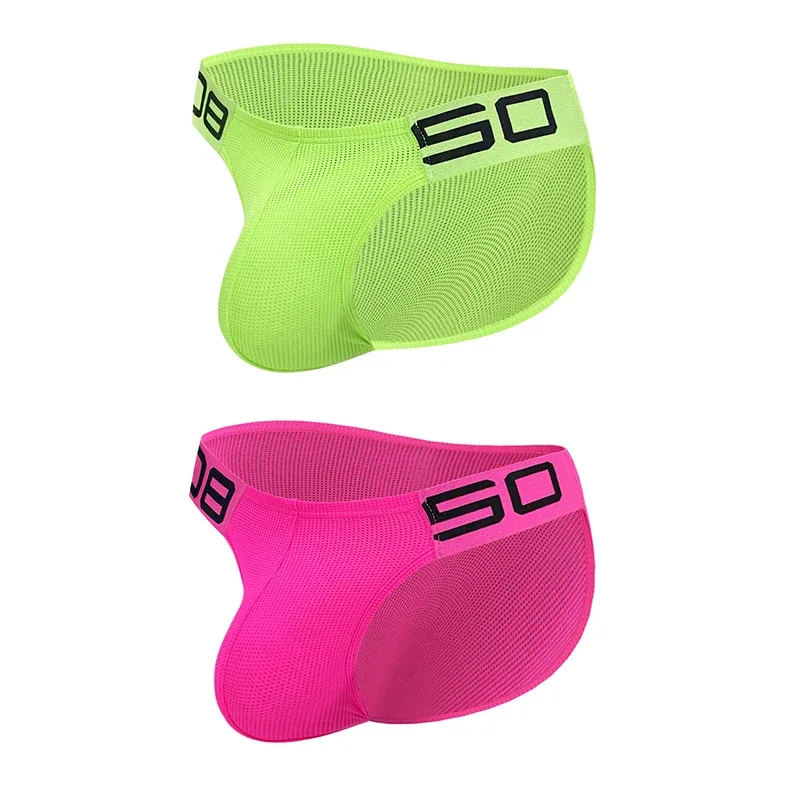 Calzoncillos transpirables de malla de mezcla de nailon para hombre, ropa interior Sexy de Color fluorescente con letras de empalme de cuerno en relieve, cinturilla elástica ancha — image 28