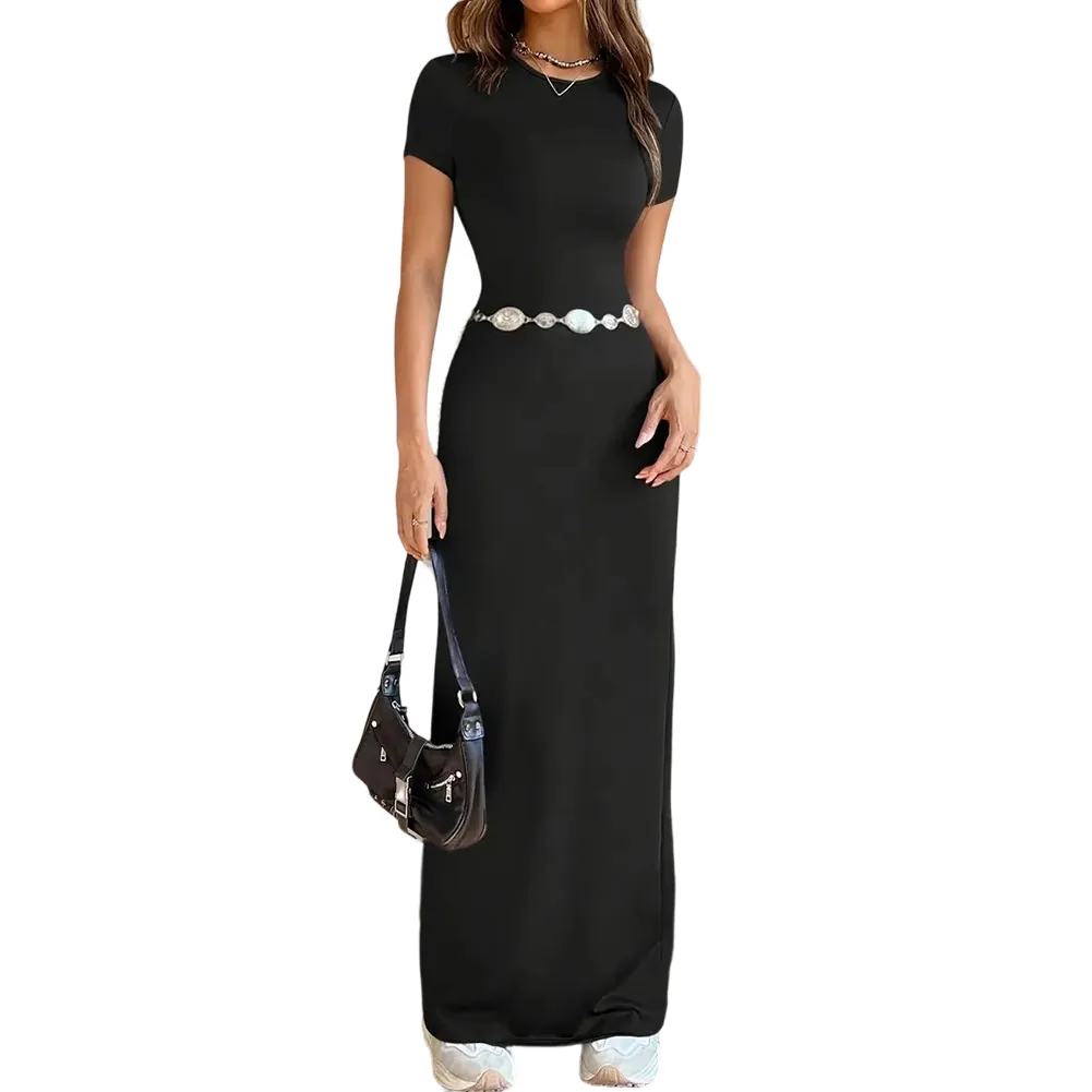 Women's Elastic Slim Fit Long T-shirt Dress Featuring Round Neck and Short Sleeves Suitable for Everyday and Special Occasions — image 2