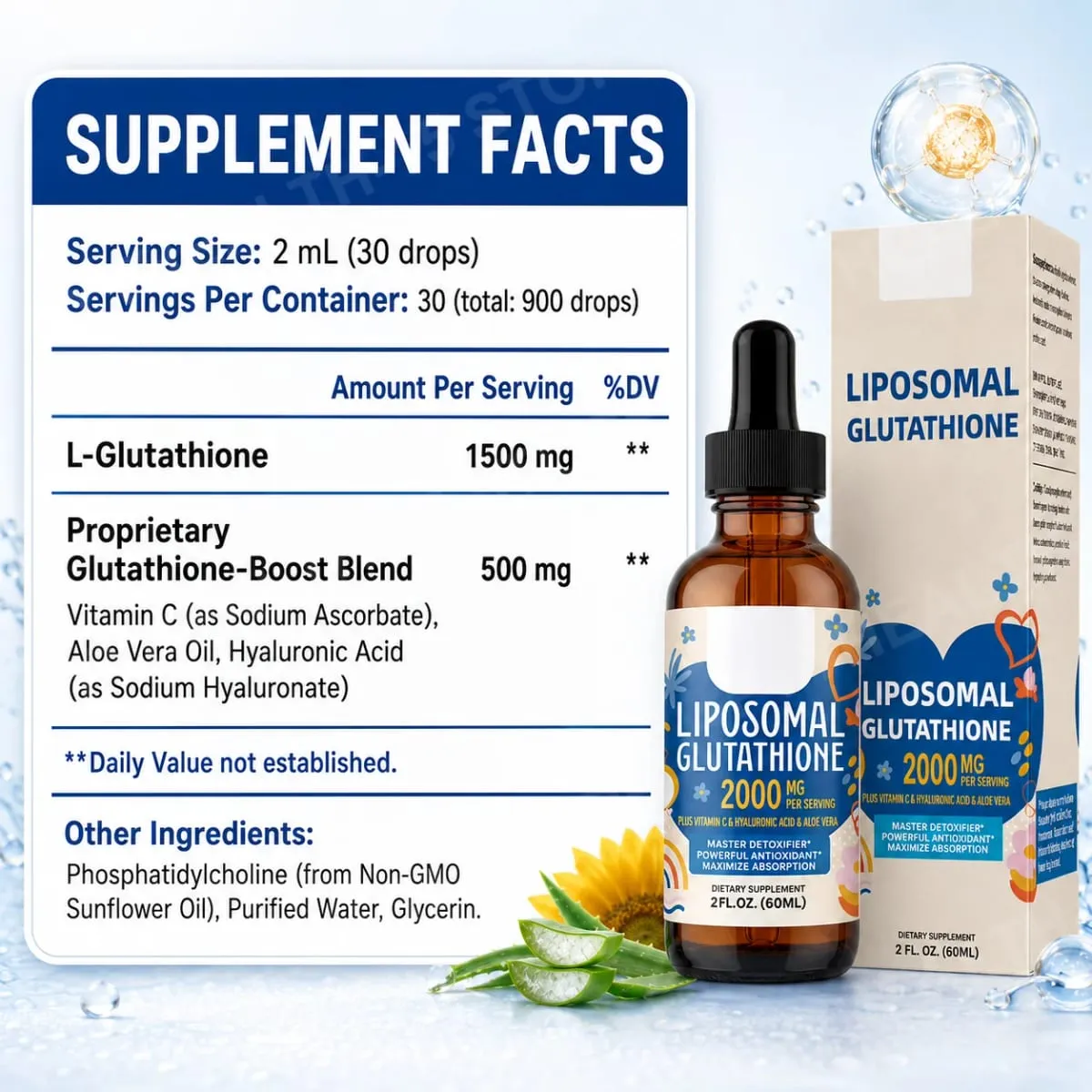 Liposomal Glutathione Liquid Drops 1500mg with Vitamin C Hyaluronic Acid & Aloe Vera for Beauty Glow and Hydration Support — image 2