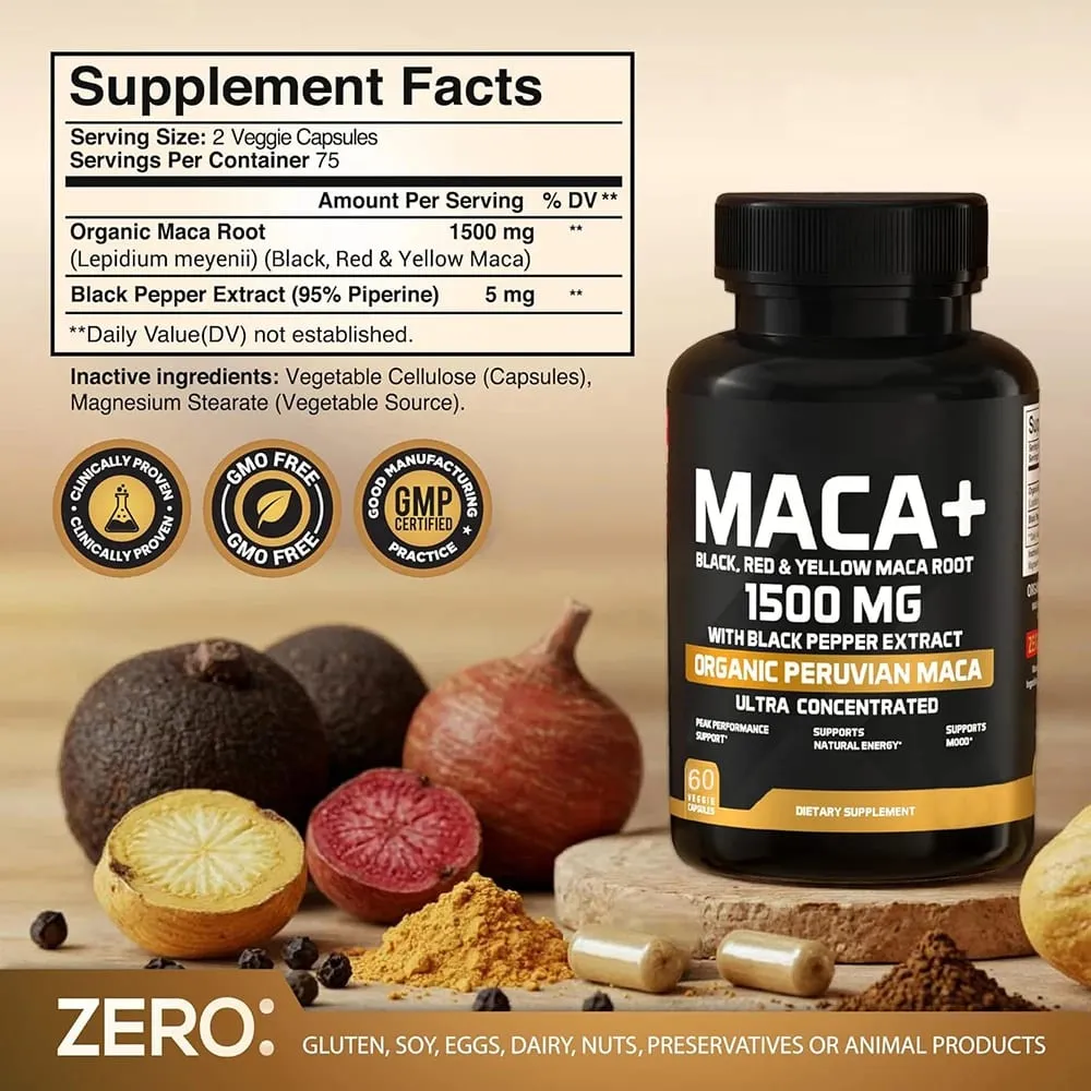 1500mg Organic Maca Root Black Red & Yellow - 60 Capsules - Black Maca Root Capsules for Men Supplement - Non-GMO Gluten-Free — image 5