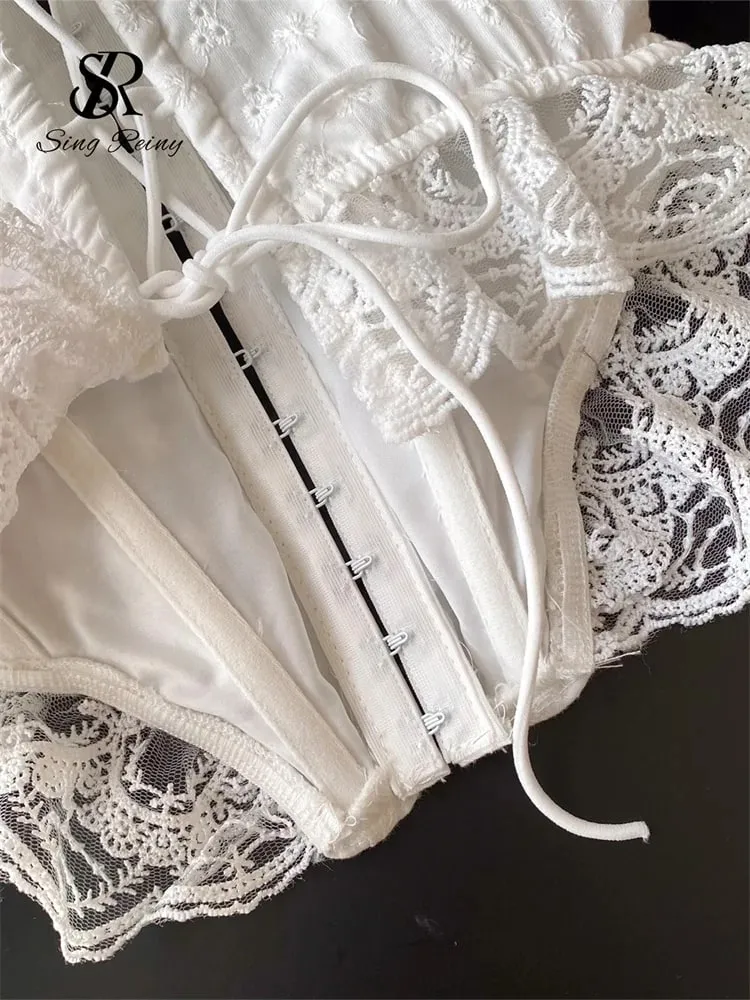 Embroidery Lingerie Corset Top Ladies Strap Lace Up Shapwear Flirty Camisole French Lace Ruffles Hotsweet Tank Top — image 6