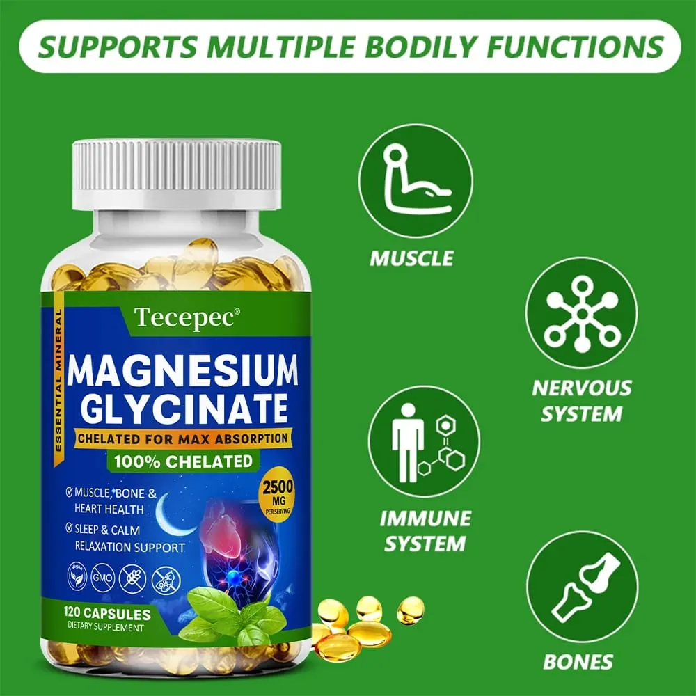 Magnesium Glycinate Capsules 2500mg - Dietary Supplement for Muscle Nerve Bone and Heart Support - Gluten Free Non-GMO — image 4