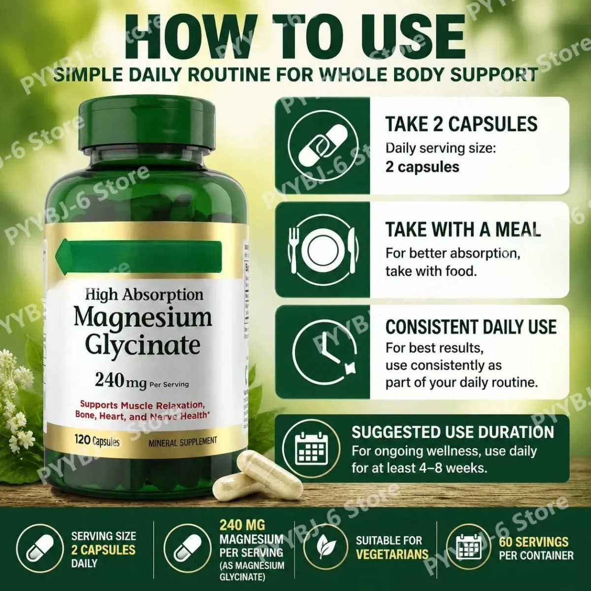 Magnesium Glycinate Capsules High Absorption Supports Muscle Relaxation Supports Bone Health 120 Capsules for Adults — image 5
