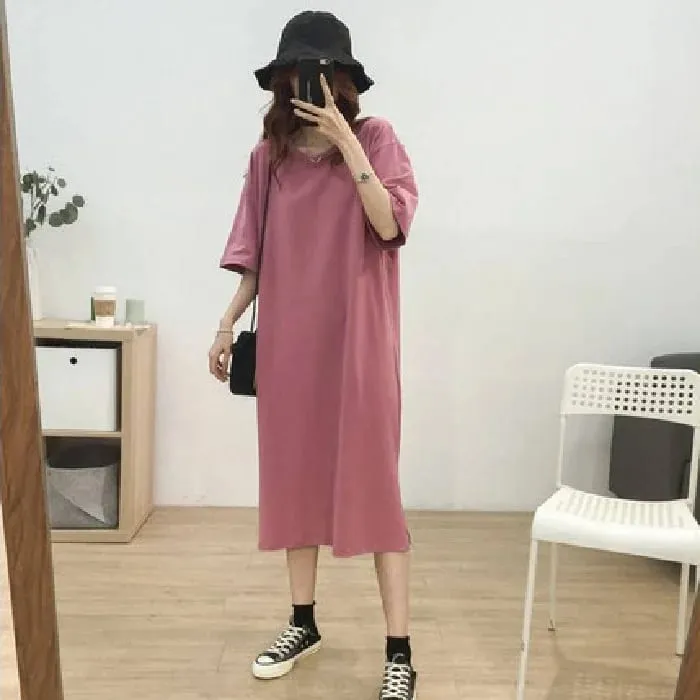 New Korean Short-sleeve Solid Color Side Cut Cotton Maxi Dresses Female Student Loose Basic Round Neck Style Long Dress — image 5