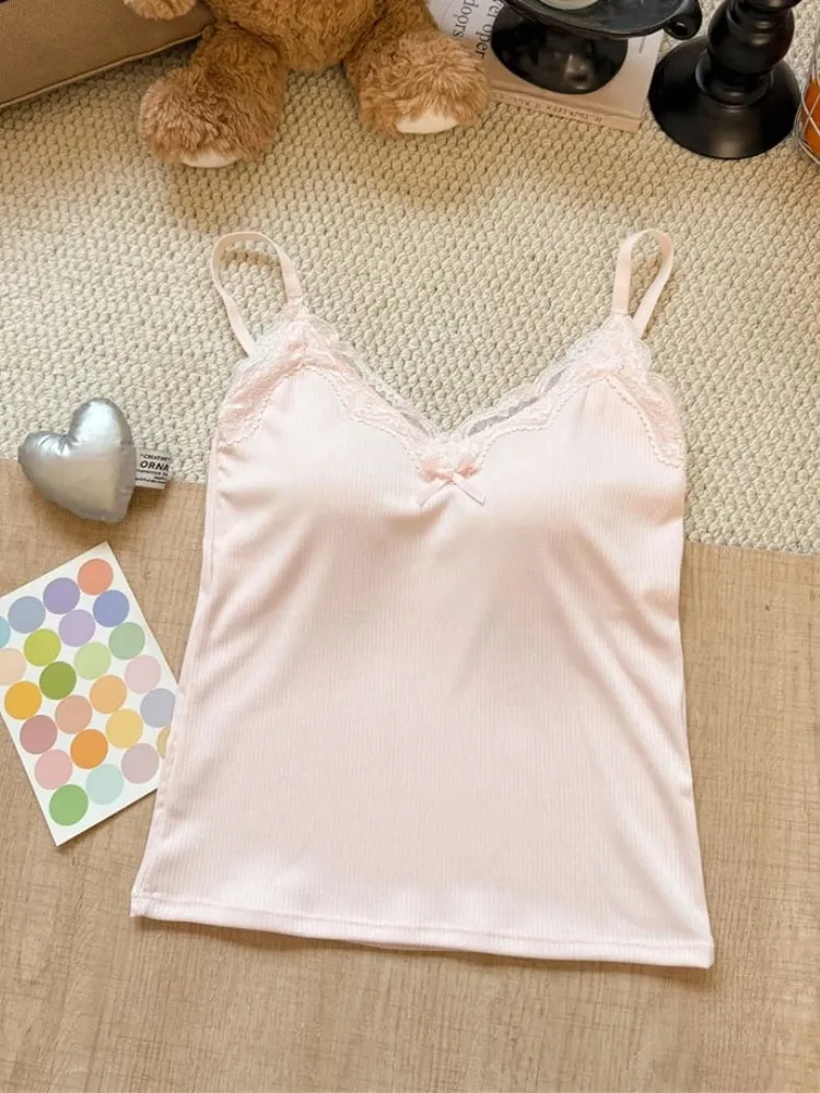Spaghetti Strap Camis 2026 Summer Lace Ribbed Women Tank Top With Built In Bra Pads Slim Fit Crop Top For Inner & Outer Wear — image 14