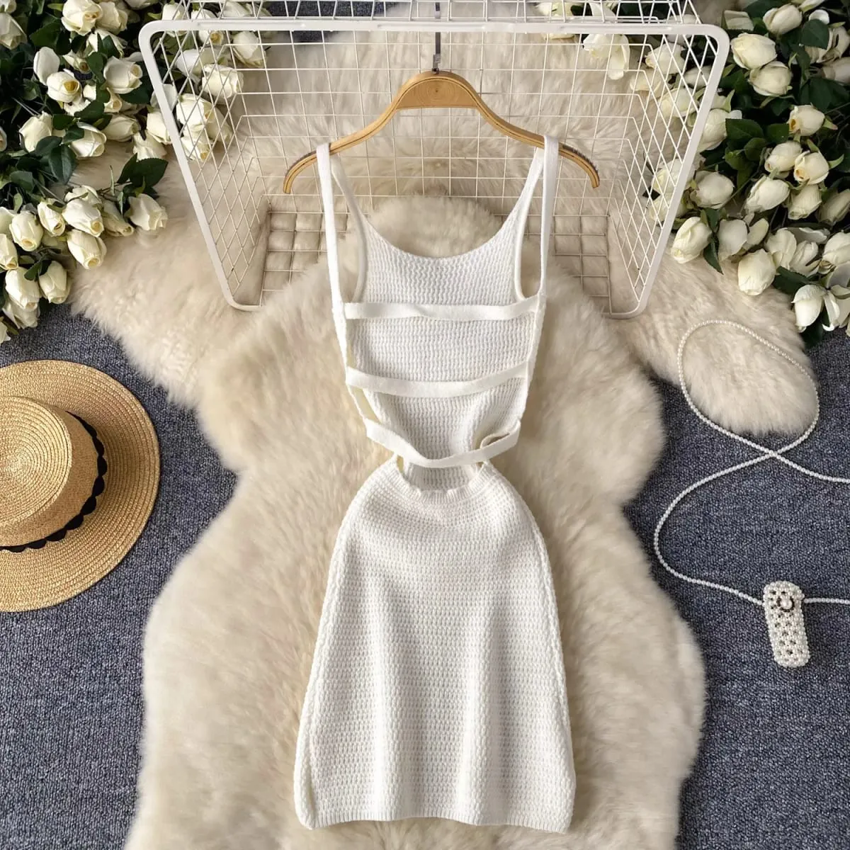 Summer Women Fashion Sexy Sleeveless Sundress Off Shoulder Knitted Strap Dress Hollow Out Backless Solid Color Wrap Mini Dress — image 2