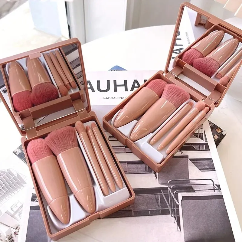 Mini 5-Piece Portable Makeup Brush Set With Mirror - Makeup Brush Travel Set Eyeshadow Brush Tool — image 1