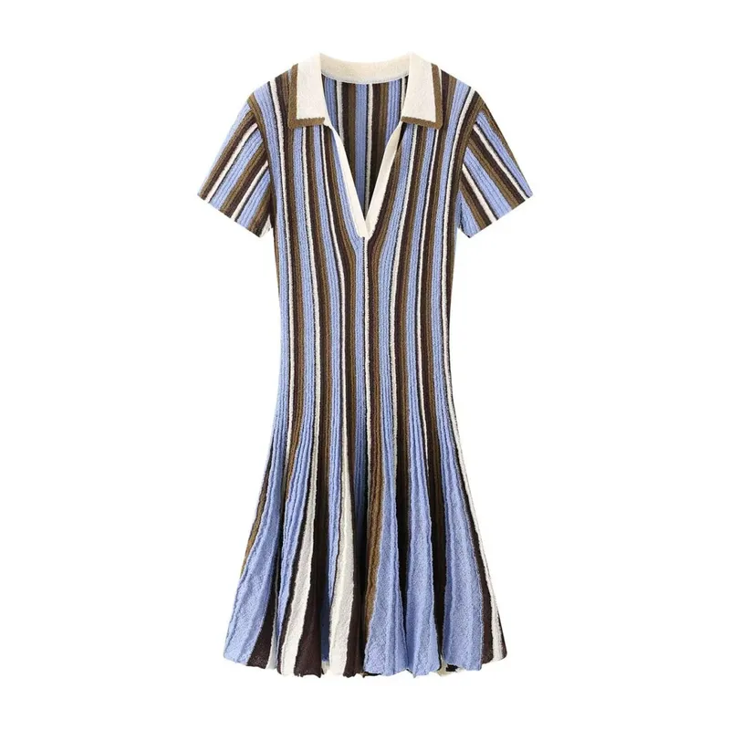 Short Sleeve Polo Collar Knitted Striped Mini Dress V Neck Waist Cinching Flared A Line Casual Summer Vacation Women Dresses — image 8