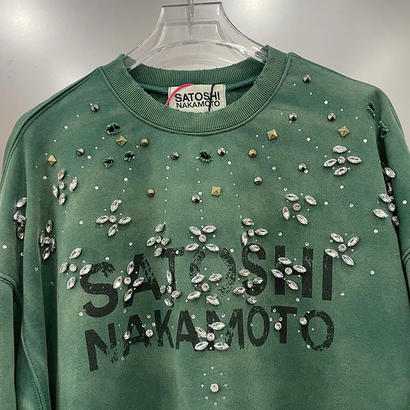 26FW Heavy Fabric Cotton Loose Rhinestone Rivet Satoshi Nakamoto Sweatshirts Men Women Vintage Charcoal Gray Green Pullovers — image 14