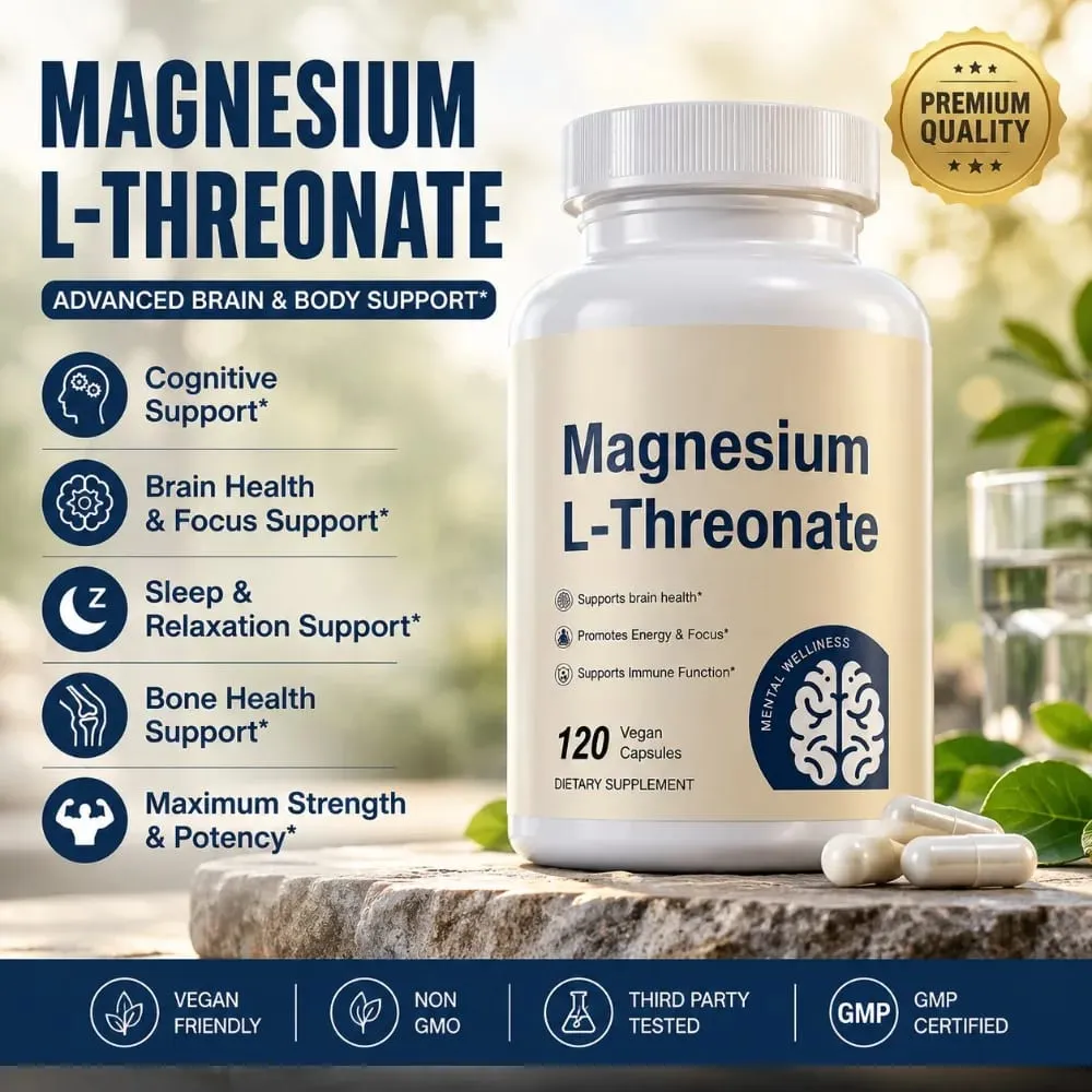 Magnesium L-Threonate 2000mg 120 Vegan Capsules - Brain Health Supplement - Energy Focus Immune Support Non-GMO GMP Dietary — image 1